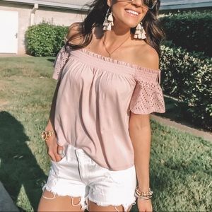 Express eyelet off shoulder top